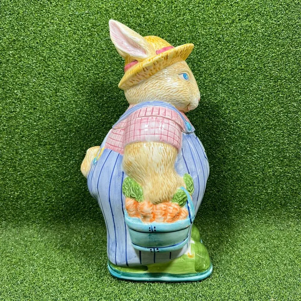 Vintage 90s Hand Painted Ceramic Farmer Rabbit Cookie Jar